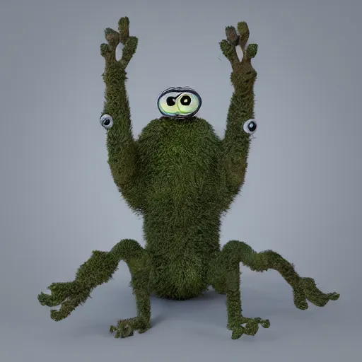 Image similar to cute furry hybrid cat - like plant creature with many eyes, many arms, many legs with radial symmetry leaf hands detailed character concept 3 d pixar style render 4 k