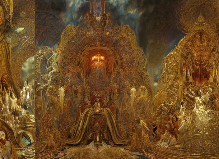 Image similar to worship of the pope, royal robe, gold trim, demons, mysticism, light effect, hyper detailed, intricate, atmospheric, elegant, photorealistic by zdzisław beksinski, iris van herpen, raymond swanland, craig mullins and alphonse mucha. hyper - real