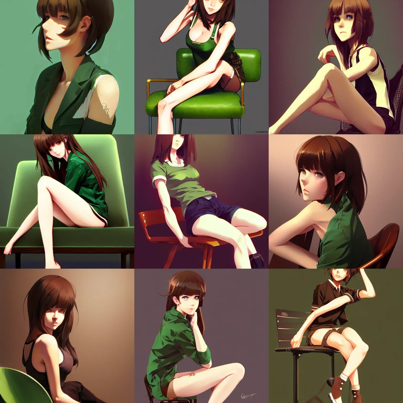 Prompt: sexy girl with brown hair and green eyes, wearing a shorts, sitting on a chair, highly detailed, in the style of and ilya kuvshinov and greg rutkowski, high quality anime artstyle, intricate