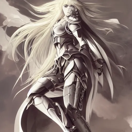 Image similar to full body character design character design of an anime girl with long white hair wearing Elden Ring armor with engraving in the style of Yoji Shinkawa, expressive brush strokes, hairs fluttering on the wing, noisy film grain effect, highly detailed, Renaissance oil painting, weird portrait angle, blurred lost edges, three quarter view