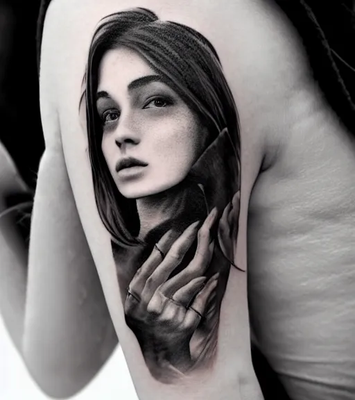 Image similar to a beautiful girl faded in a mountain background, in the style of den yakovlev, black and white, realism tattoo, hyper realistic, highly detailed