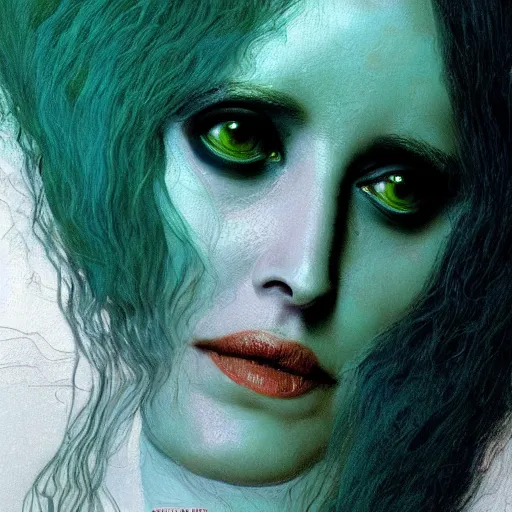 Image similar to cosmic horror eldritch lovecraftian close up portrait of eva green as the emerald queen of feathers by wayne barlowe, agostino arrivabene, denis forkas