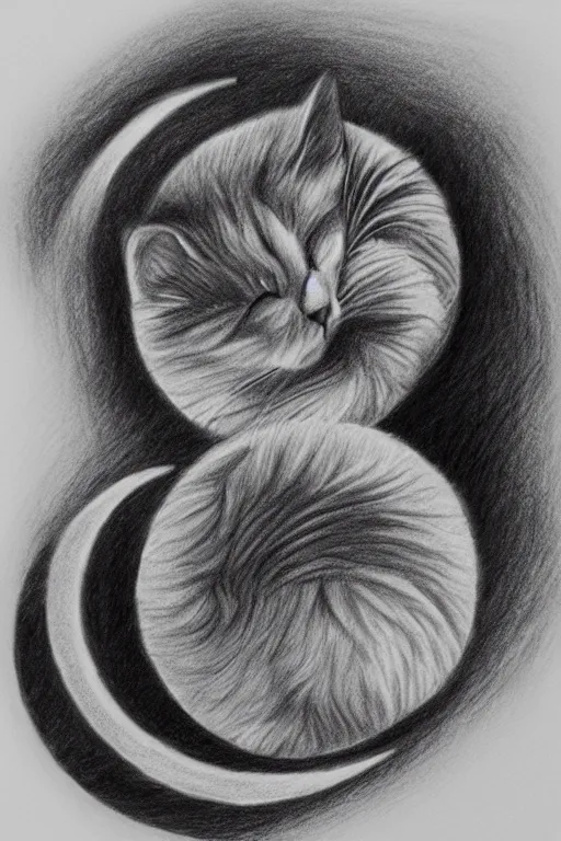 Image similar to cat asleep on moon, pencil art