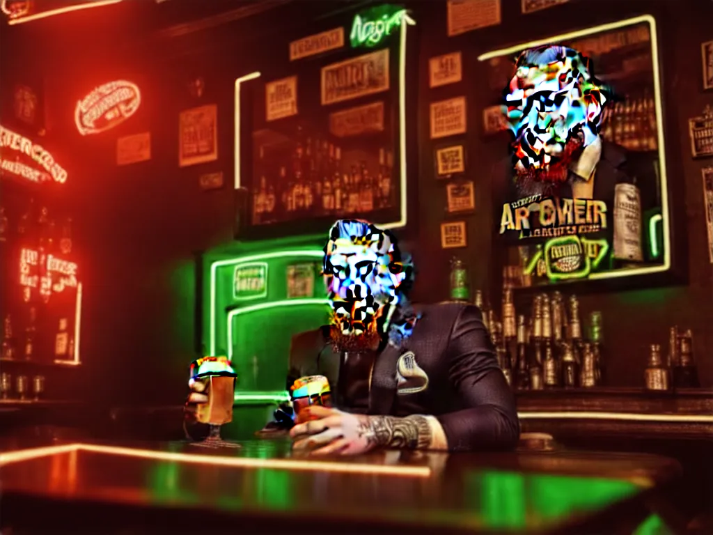 Image similar to a well framed portrait of conor mcgregor drinking a beer in an irish pub with a neon bar, laser lighting, trending on art station, in the style of the movie heat with al pacino, volumetric lighting & shadows, hyper detailed, digital art, unreal engine, 4 0 0 mm f 1. 8,