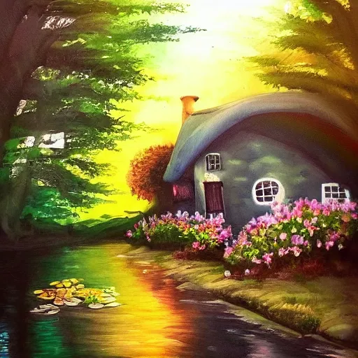 Image similar to a beautiful cottage in the forest, water painting, sun lit, flowers, rainbow