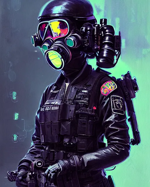 Prompt: detailed neon female swat officer flying a fighter jet, cyberpunk futuristic, neon, gas mask, reflective puffy coat, decorated with traditional japanese by ismail inceoglu dragan bibin hans thoma greg rutkowski alexandros pyromallis nekro rene margitte, fire & smoke, illustrated, perfect face, fine details, realistic shaded, fine - face, pretty face