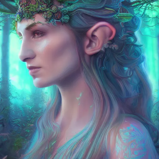 Prompt: Photorealistic elvish goddess in a magical bioluminescent forest Hyperdetailed photorealism, 108 megapixels, amazing depth, glowing rich colors, powerful imagery, psychedelic Overtones, 3D finalrender, 3d shading, cinematic lighting, artstation concept art
