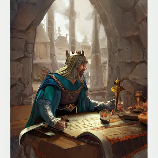 Prompt: highly detailed 2 d traditional book illustration, gouache inspired, contourless, cell shaded, high fantasy character design of [ [ [ king arthur ] ] ] leaning over a table, by eldar velikhanov, adam lee and walt disney, trending on artstation, sharp focus, octane render, 4 k