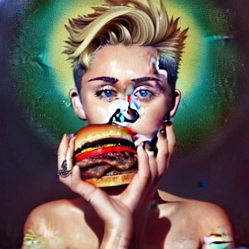 Prompt: Miley Cyrus eating a mcdonald's big mac hamburger, dripping BBQ Sauce, serving burgers, intricate, elegant, feminine ethereal, sacred geometry, fractal french fries, magical mystical, highly detailed, digital painting, artstation, concept art, matte, sharp focus, hyperreal, art by Artgerm and Greg Rutkowski and Alphonse Mucha