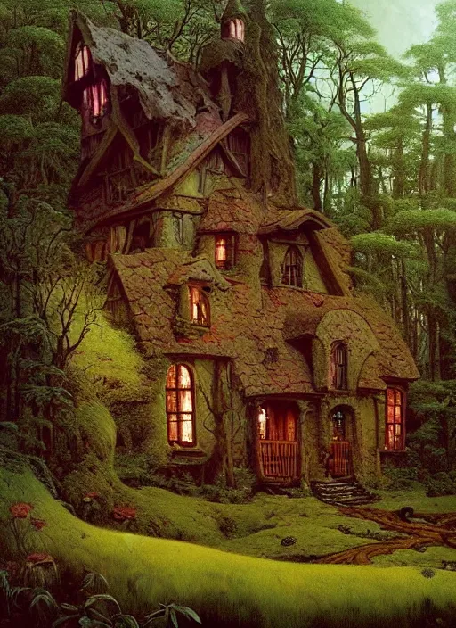 Image similar to hyper realistic witch cottage rococo in the woods gorgeous lighting, highly detailed, lush forest painting by zdzisław beksinski and norman rockwell and greg rutkowskiweta studio, and lucasfilm