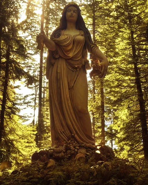 Image similar to Ancient statue of wise mushroom goddess wearing pagan clothes and leaves lost in the heart of the pristine cedar forest | dramatic light | cinematic lighting | sunshafts, volumetric lighting | golden hour | style of donato giancola