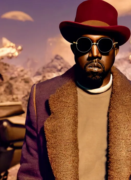 Image similar to Kanye West as willy wonka in fallout new vegas, splash art, movie still, cinematic lighting, dramatic, octane render, long lens, shallow depth of field, bokeh, anamorphic lens flare, 8k, hyper detailed, 35mm film grain