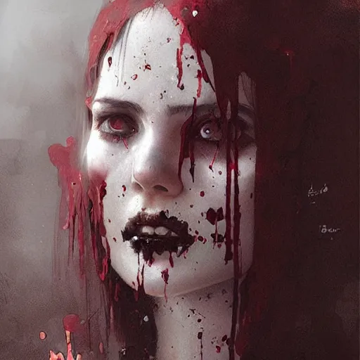 Image similar to goth girl crying blood, intricate, art by greg rutkowski, high detailed, 4 k,