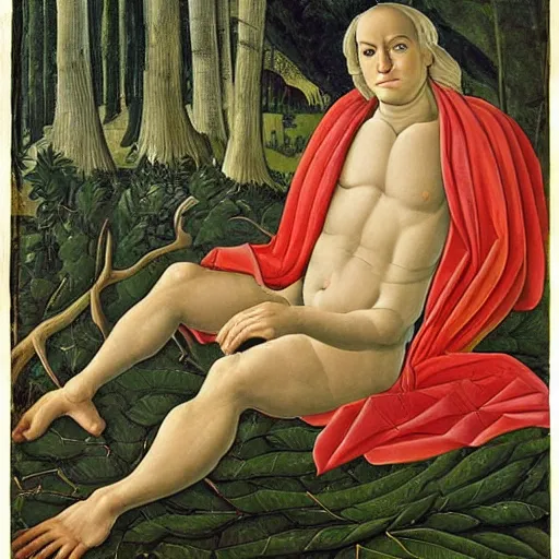 Image similar to portrait of benjamin netanyahu lying elegantly in nature, leaves as clothes, by sandro botticelli