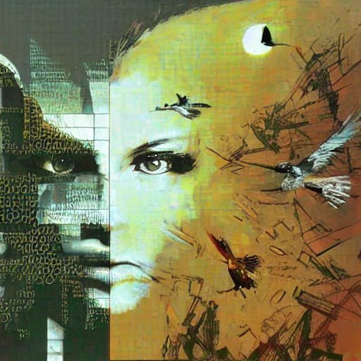 Image similar to the progressive rasterization of a bird from mechanical being to pixels, oil on canvas by dave mckean and yoji shinkawa and ivan shishkin