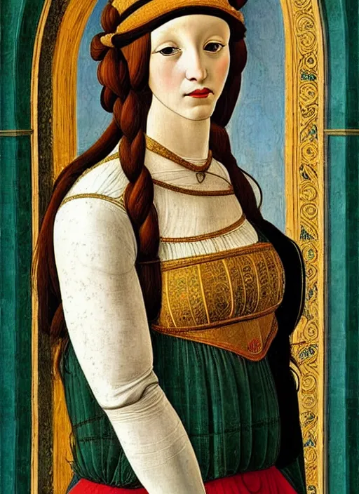 Image similar to portrait of young woman in renaissance dress and renaissance headdress, art by sandro botticelli