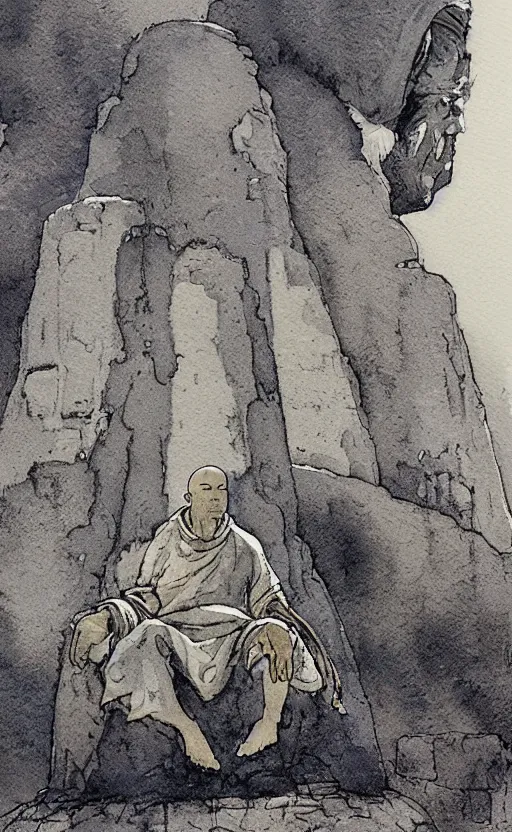 Image similar to a realistic and atmospheric watercolor fantasy concept art of giant monk with an elongated head in grey robes sitting in stonehenge. in the background a ufo is in the sky. by rebecca guay, michael kaluta, charles vess