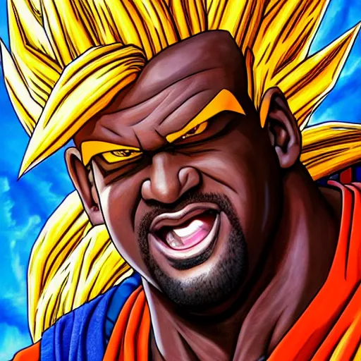 Image similar to ultra realistic portrait painting of shaquille o'neal as super saiyan goku, art by akira toriyama, 4 k, dragon ball artstyle, cel shaded, highly detailed, epic lighting