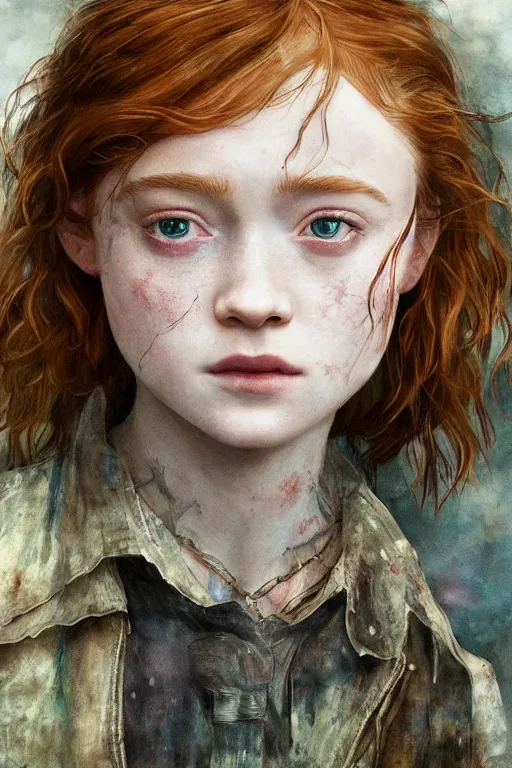 Prompt: sadie sink in the role of ellie in the last of us, dirt, fashion, fantasy, art by ayami kojima, vasnetsov, cedric peyravernay