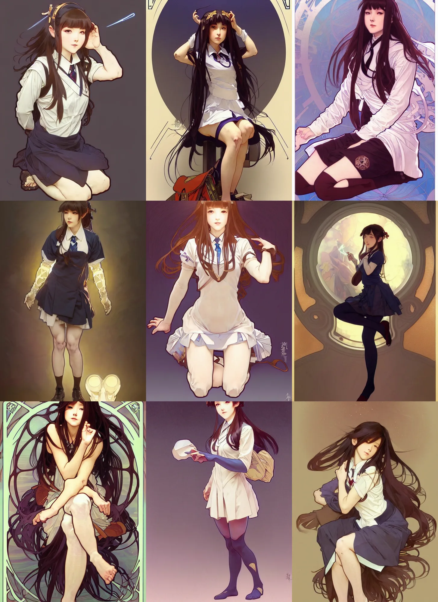 Image similar to a digital concept art by artgerm and greg rutkowski and alphonse mucha. full body!! clear portrait of a squatting attractive japanese school girl in uniform!! sit on floor!! knee length stockings ， school bag, light effect. hyper detailed, character concept, glowing lights!! intricate, elegant, digital painting, artstation, smooth, sharp focus