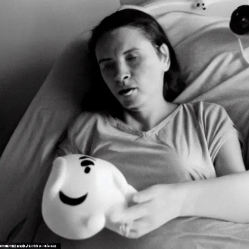 Image similar to woman who has given birth to a squishy inflatable toy, in hospital bed, French film, archival footage, technicolor film expired film, 16mm