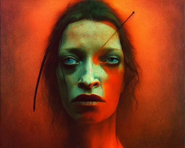 Prompt: by francis bacon, beksinski, mystical redscale photography evocative, full eyebrows lips, expressionism. kat dennings uma thurman christina hendricks tilda swinton