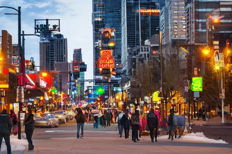 Image similar to photo of busy city street of Edmonton Alberta, young adults on sidewalks that are lined with stores and nightclubs, late evening time, high dynamic range color, medium contrast, 1/24 shutterspeed, sigma 24mm f8