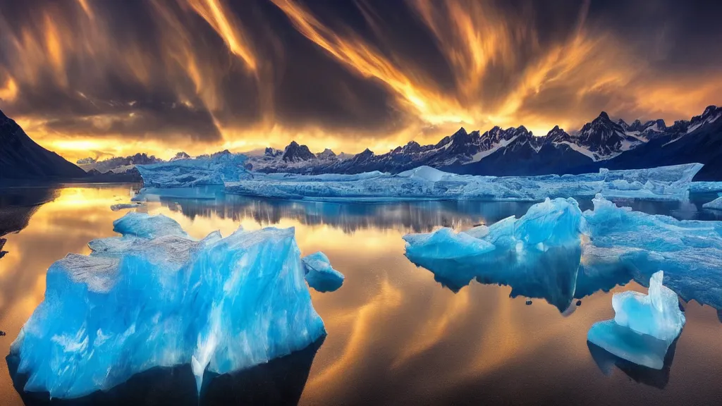 Image similar to amazing landscape photo of a glacier with lake in sunset by marc adamus, beautiful dramatic lighting