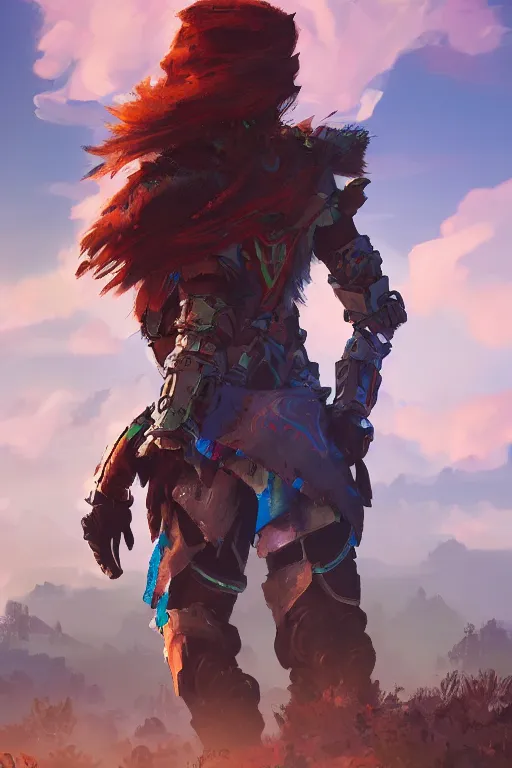 Image similar to combination suit armor aloy horizon forbidden west horizon zero dawn radiating a glowing aura global illumination ray tracing hdr fanart arstation by ian pesty and alena aenami artworks in 4 k tribal robot ninja mask helmet backpack