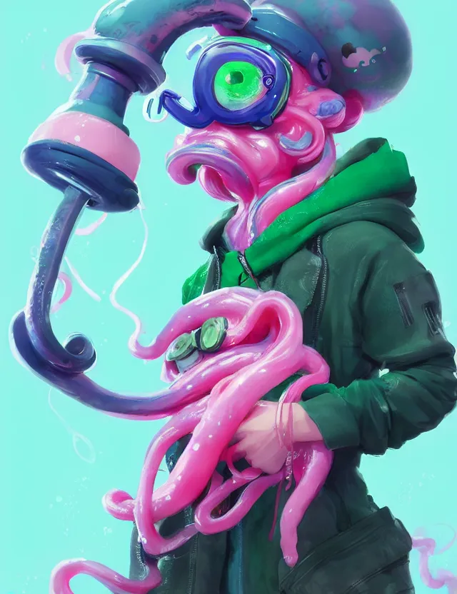 Image similar to a beautiful portrait of a cute splatoon anime male with pink tentacle hair wearing a green hoodie. character design by cory loftis, fenghua zhong, ryohei hase, ismail inceoglu and ruan jia. artstation, volumetric light, detailed, photorealistic, fantasy, rendered in octane