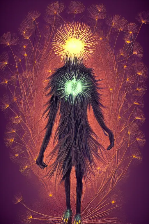 Prompt: glowing luminescent dandelion humanoid figure monster, symmetrical, highly detailed, digital art, sharp focus, trending on art station, amber eyes, autumnal colours