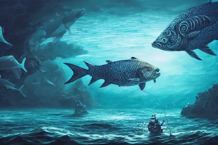 Image similar to fish hunting for humans, under the sea, sci - fi, fantasy, intricate, elegant, highly detailed, concept art, high contrast, sharp focus, oil painting, 4 k