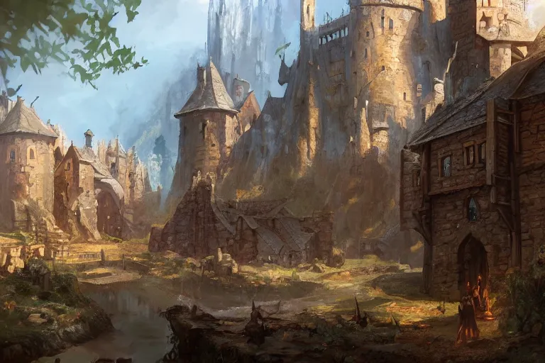 Image similar to A beautiful medieval settlement, iron ,iron, iron, fantasy, D&D, concept art, sharp focus, trending on artstation, digital painting, midday, sunny, beautiful