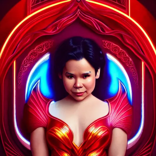 Image similar to lea salonga as darna, wax figure, glowing eyes, volumetric lights, red and cyan theme, art nouveau botanicals, intricate, highly detailed, digital painting, artstation, concept art, smooth, sharp focus, cinematic, illustration, beautiful face, art by artgerm and greg rutkowski and alphonse mucha