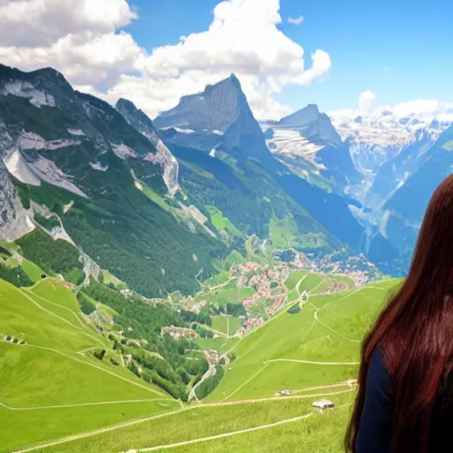 Image similar to A girl that looks like the mona lisa with beautiful switzerland landscape in the background