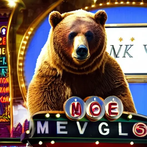 Image similar to film still of a bear in las vegas casino movie 4k