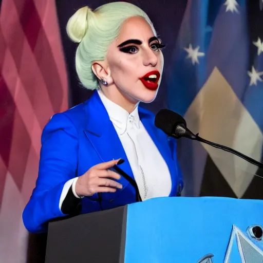 Image similar to Lady Gaga president of Argentina, Argentina flag behind, bokeh, detailed, hd, giving a speech