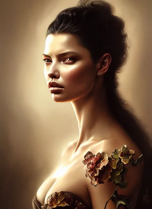 Prompt: a beautiful woman with baroque dress, adriana lima, painted by artgerm and tom bagshaw, fantasy art, dramatic lighting, highly detailed oil painting