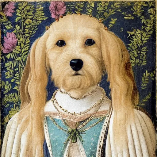 Image similar to portrait of a white labrododdle dog in an italian queen costume, painting by botticelli, 1 4 8 0 s