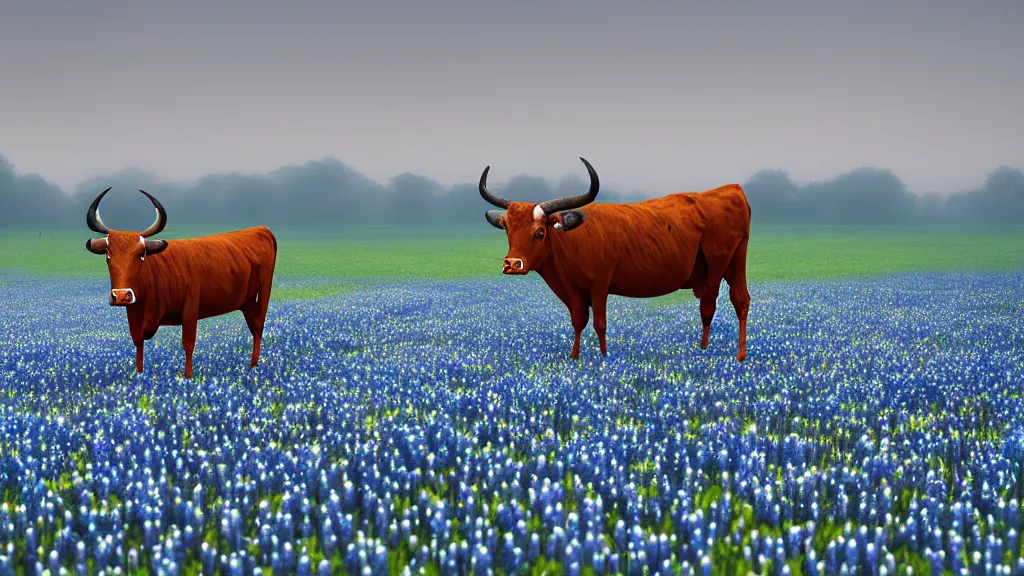 Image similar to award winning painting of a Texas longhorn standing in a field of bluebonnets early morning fog, digital art, insanely detailed, octane render, unreal engine