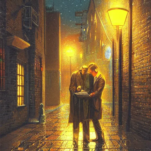 Prompt: two secret agents meeting in an alleyway, detailed illustration by thomas kinkade, cyberpunk, nighttime, streetlight