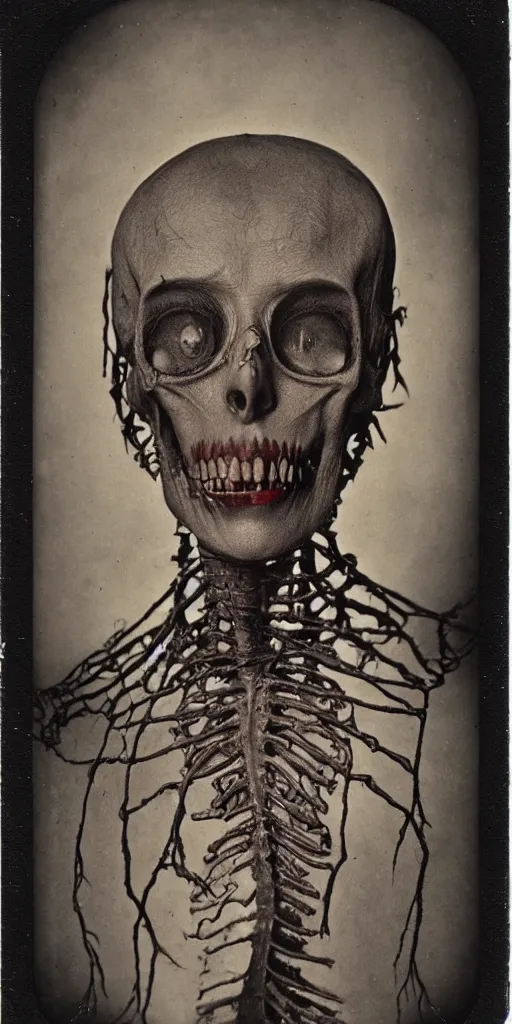 Image similar to an 1 9 1 0 polaroid photography of a very sad and detailed rotten woman corpse with fractal ornate growing around her face muscles, veins, arteries, bones, anatomical, skull, eye, ears, full body, intricate, surreal, ray caesar, john constable, guy denning, dan hillier, black and white