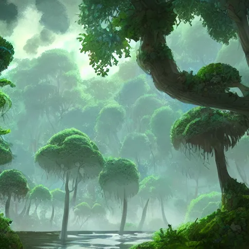 Image similar to stunning tree city in amazon forest by studio ghibli, artstation, environment design