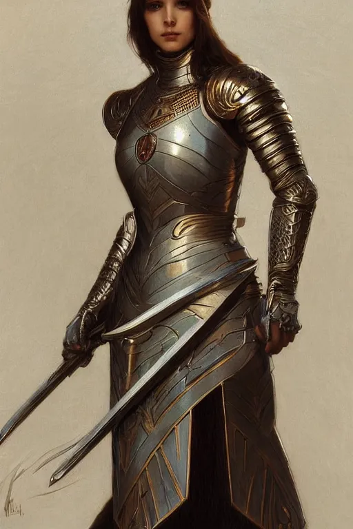 Image similar to a female knight in intricate armor, intricate, elegant, highly detailed, digital painting, artstation, concept art, smooth, sharp focus, illustration, art by artgerm and greg rutkowski and alphonse mucha and william - adolphe bouguereau