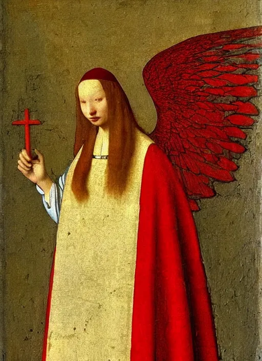 Image similar to Flying Fallen Angel dressed in red, Medieval painting by Jan van Eyck, Johannes Vermeer, Florence