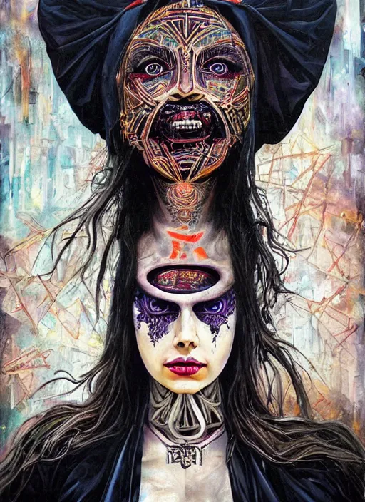 Image similar to beautiful tripping cult magic psychic woman, subjective consciousness psychedelic, epic occult ritual symbolism story iconic, dark robed witch, oil painting, robe, symmetrical face, greek dark myth, by Sandra Chevrier, masterpiece