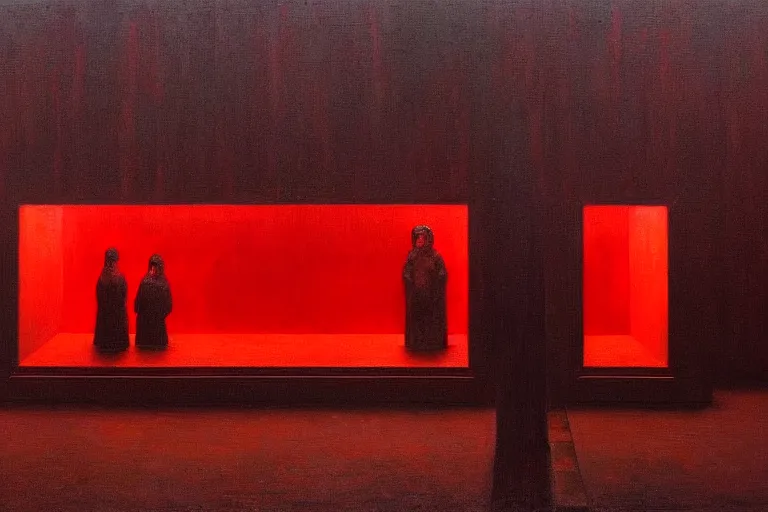 Image similar to only with red, crowd cheering at the sight of a painting, in a city square, in the style of beksinski, parts by edward hopper, parts by rodcenko, parts by yue minjun, intricate and epic composition, red by caravaggio, insanely quality, highly detailed, masterpiece, red light, artstation, 4 k