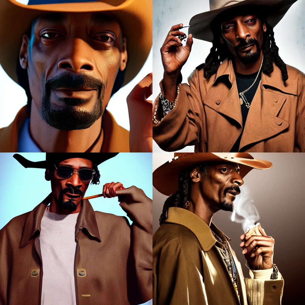 Prompt: a photo of 8k ultra realistic Snoop Dogg in a brown trench coat and cowboy hat smoking, face enhance, cinematic lighting, trending on artstation, 4k, hyperrealistic, focused, extreme details, cinematic, masterpiece