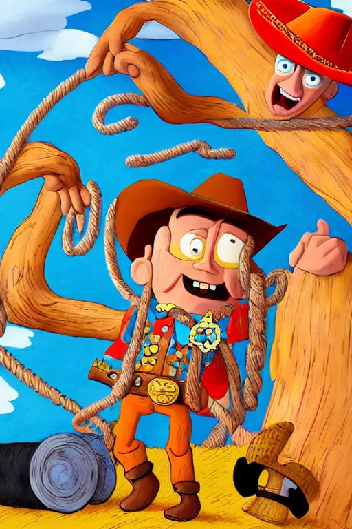 Prompt: illustration for a story that reads : woody the cowboy is a rough and tough toy, but he still loves to play with the other boys. he likes to rope and ride, and sometimes he'll even hide., colorful, fantasy, pixar, childrens book illustration, sharp high detail, manga and anime ( 4 )