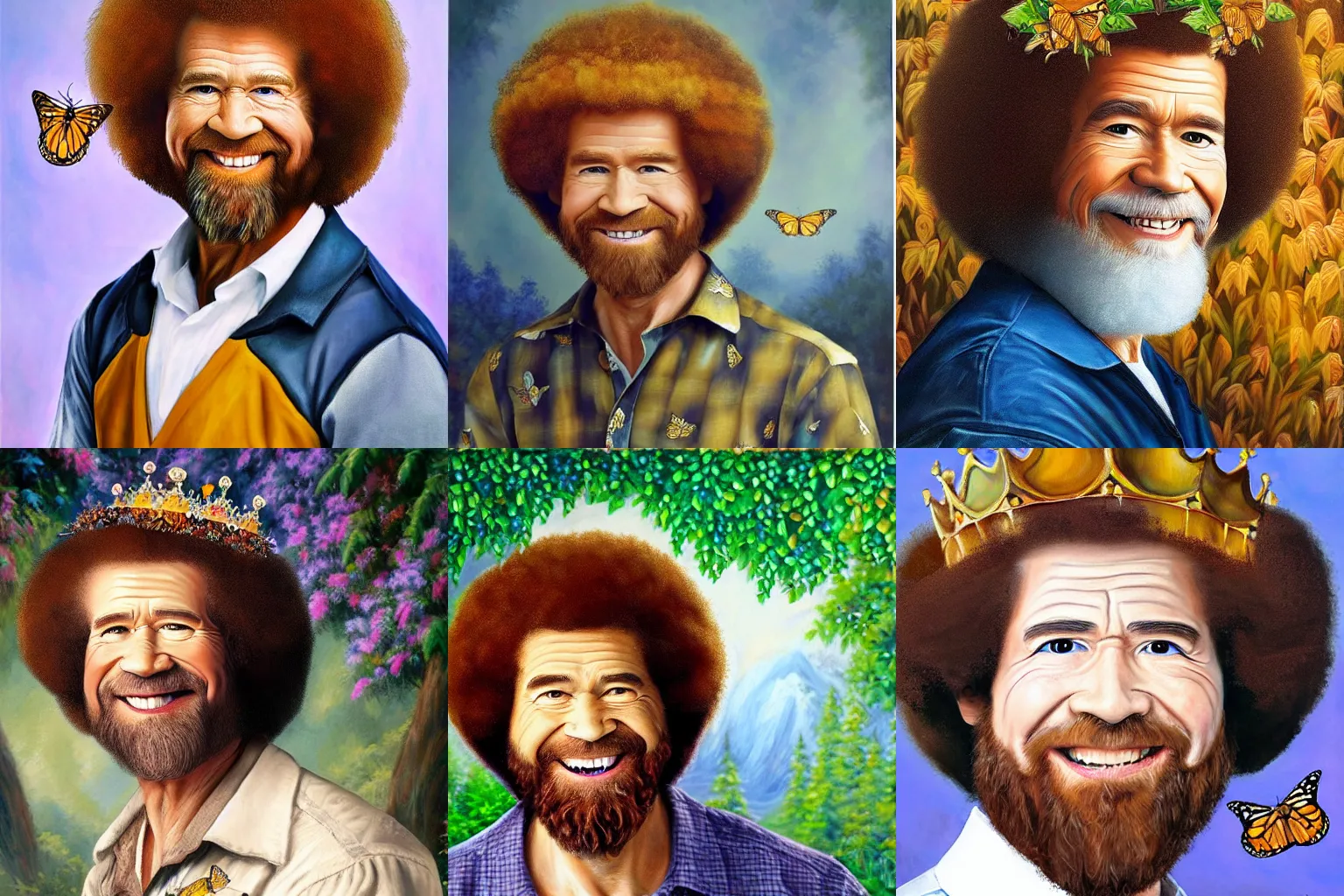 Prompt: highly detailed ultra realistic painting of bob ross wearing a crown of monarch butterflies